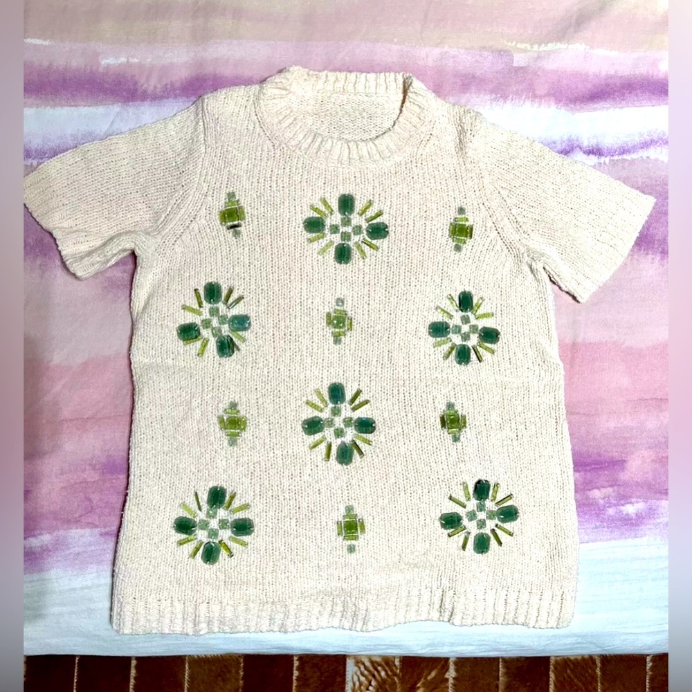 JCrew Linen Cream Sweater Tee With Green Jewels, XS